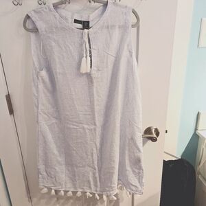 Tahari White And Blue Stripe Sleeveless Dress with Tassels